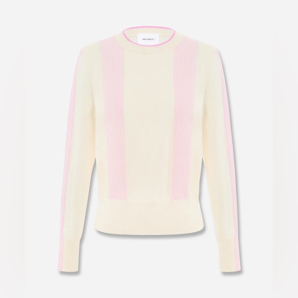 Sita Murt Linen Blend Striped Crewneck Knit Sweater Pink Cream Small 158